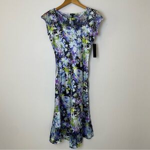 NWT Komarov Crinkle Midi Dress Small Pleated Mesh Cap Sleeve Floral Blue